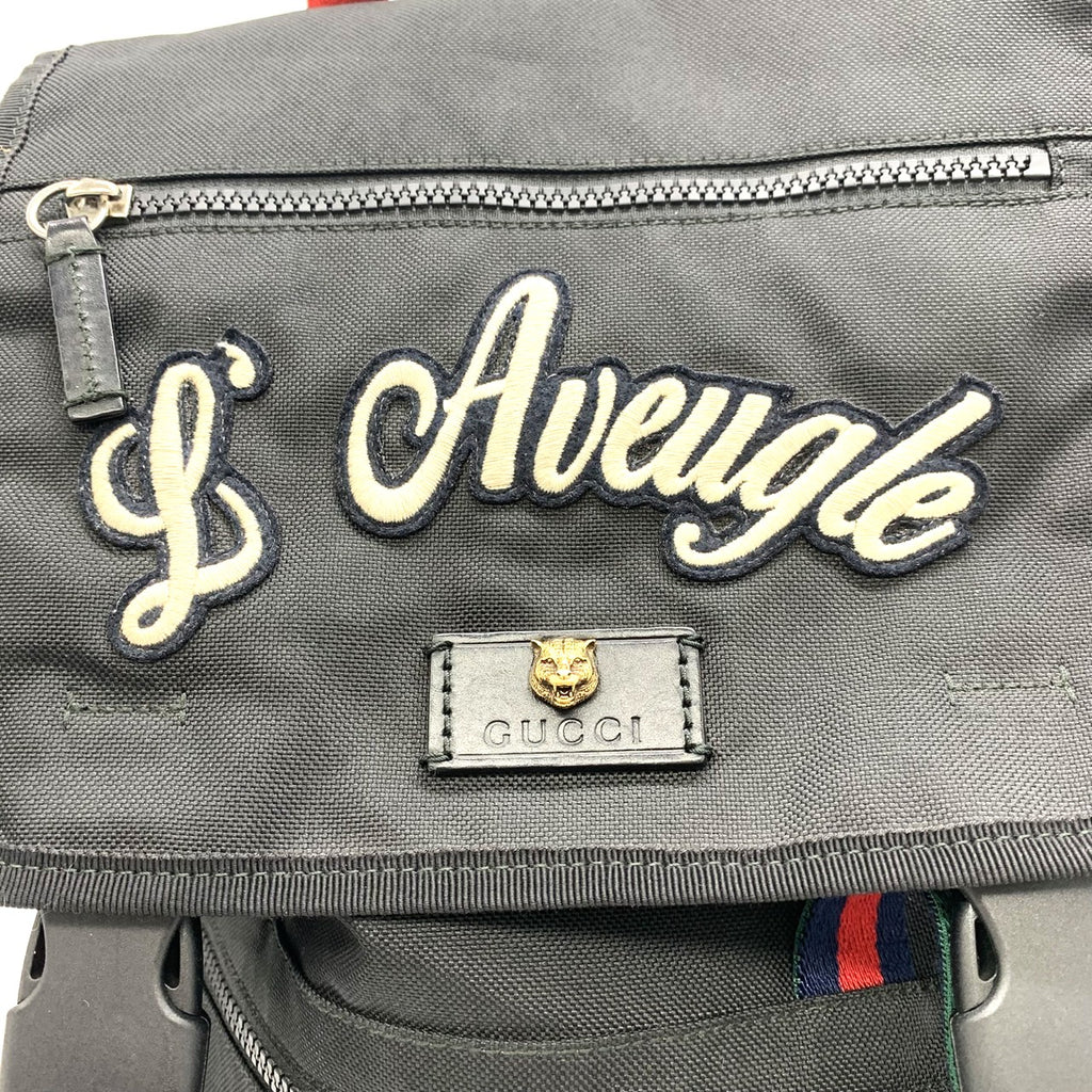 GUCCI 450982 バックパック/デイパック 刺繍入り猫の頭パッチ タイガー バタフライ フラワー ナイロン ブラック レディース＆メンズ【中古品】