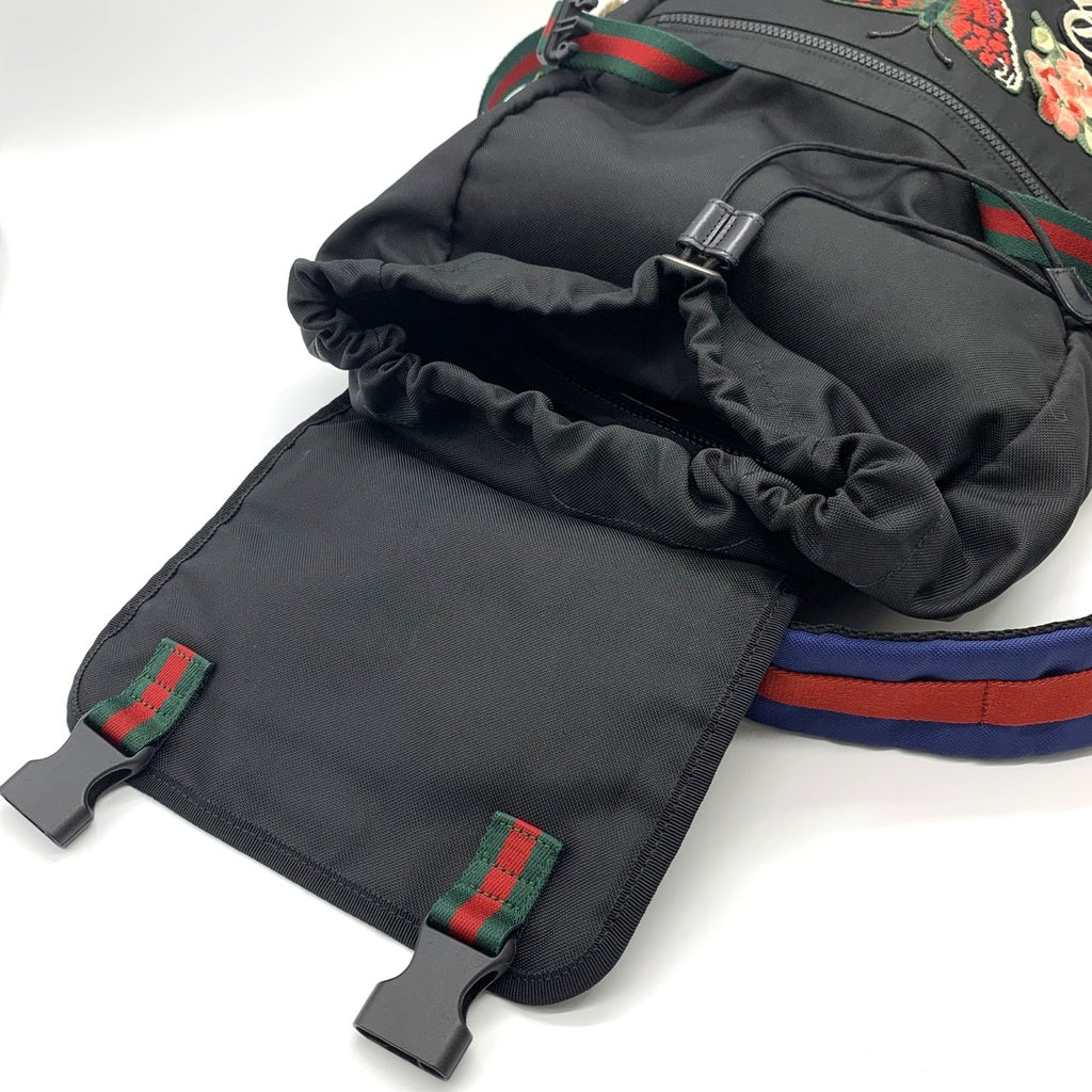 GUCCI 450982 バックパック/デイパック 刺繍入り猫の頭パッチ タイガー バタフライ フラワー ナイロン ブラック レディース＆メンズ【中古品】