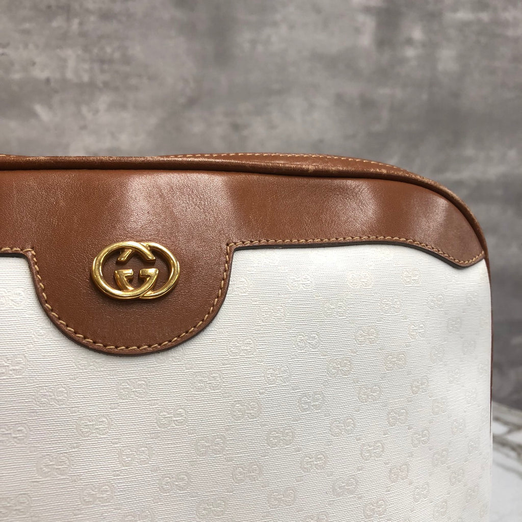 GUCCI Old Gucci 0001 104 0558 Shoulder Bag White Brown Micro GG PVC x Leather Brand Women's (Slightly Imperfect) PRE-OWNED