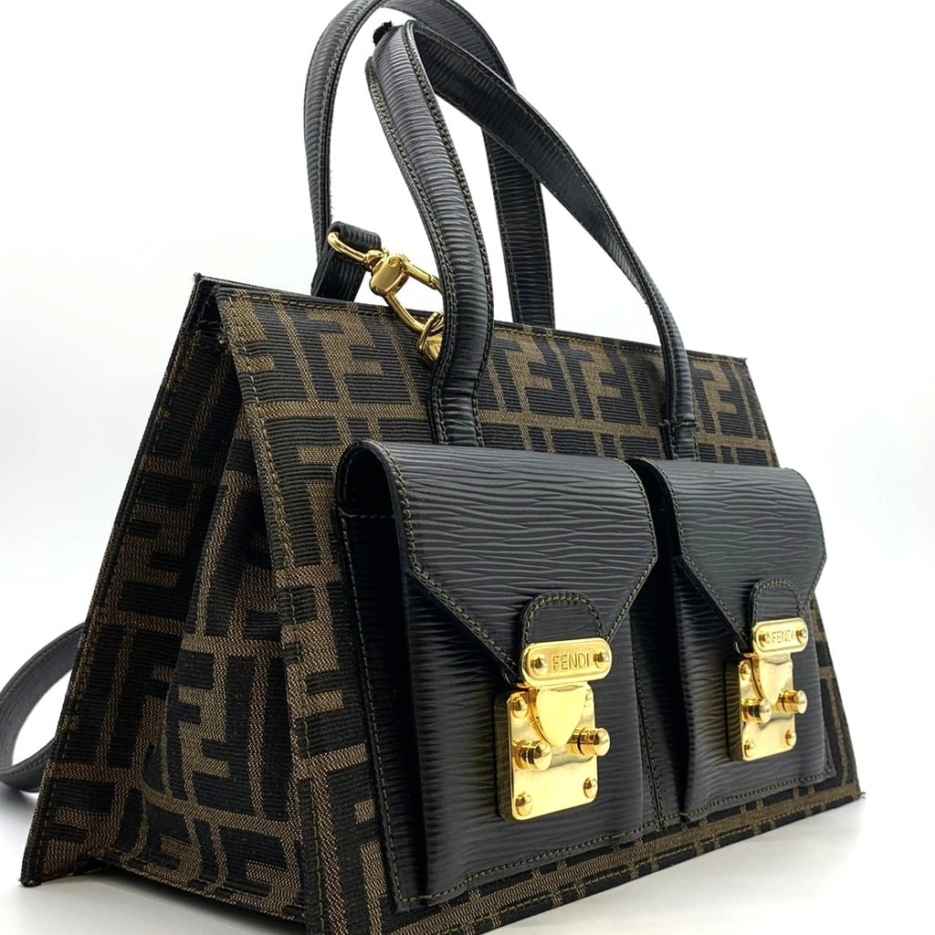 FENDI Zucca Handbag/Shoulder Bag, 2-way, Nylon and Leather, Brown, Women's PRE-OWNED