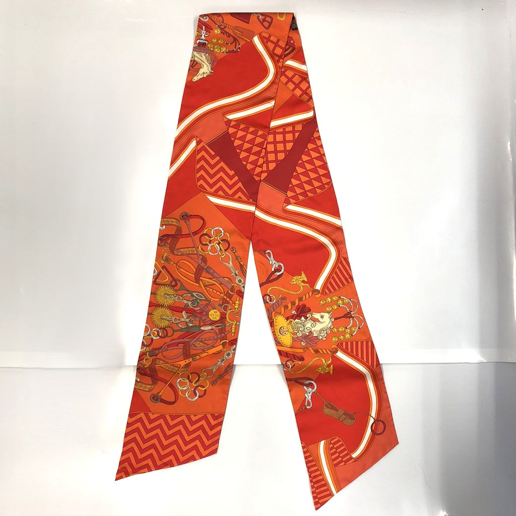 HERMES Hermes scarf maxi twilly BOUQUETS SELLIER (saddlemaker's bouquet) silk orange women's fashion brand USED