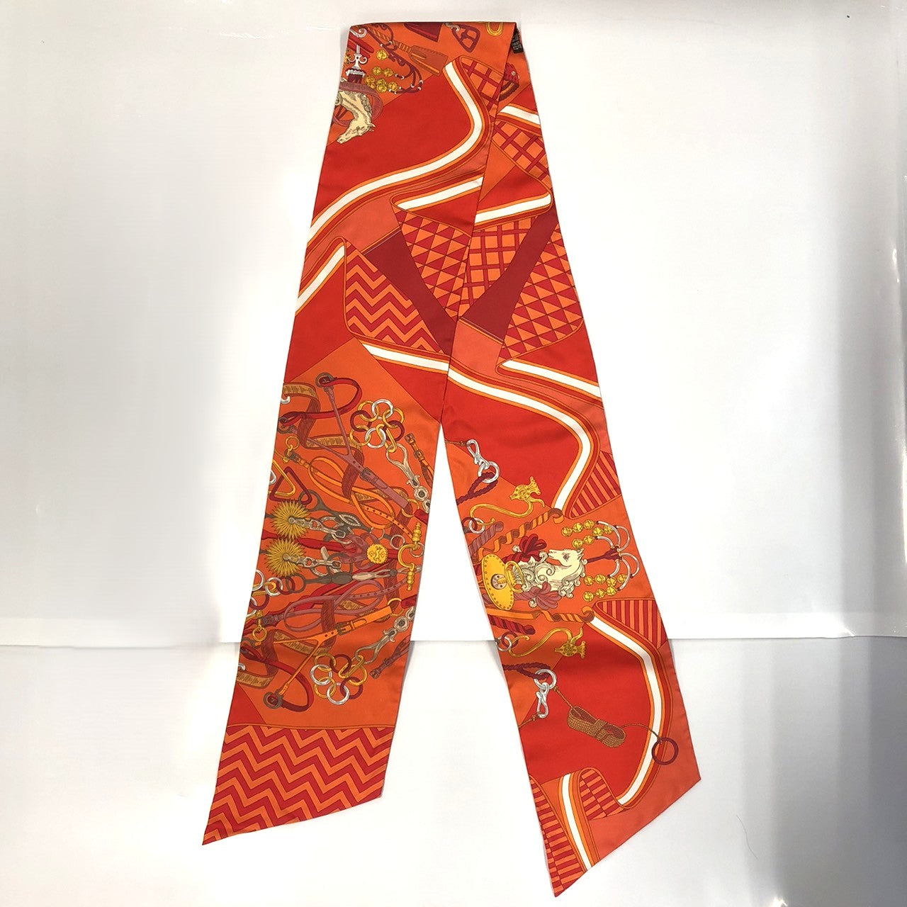 HERMES Hermes scarf maxi twilly BOUQUETS SELLIER (saddlemaker's bouquet) silk orange women's fashion brand USED