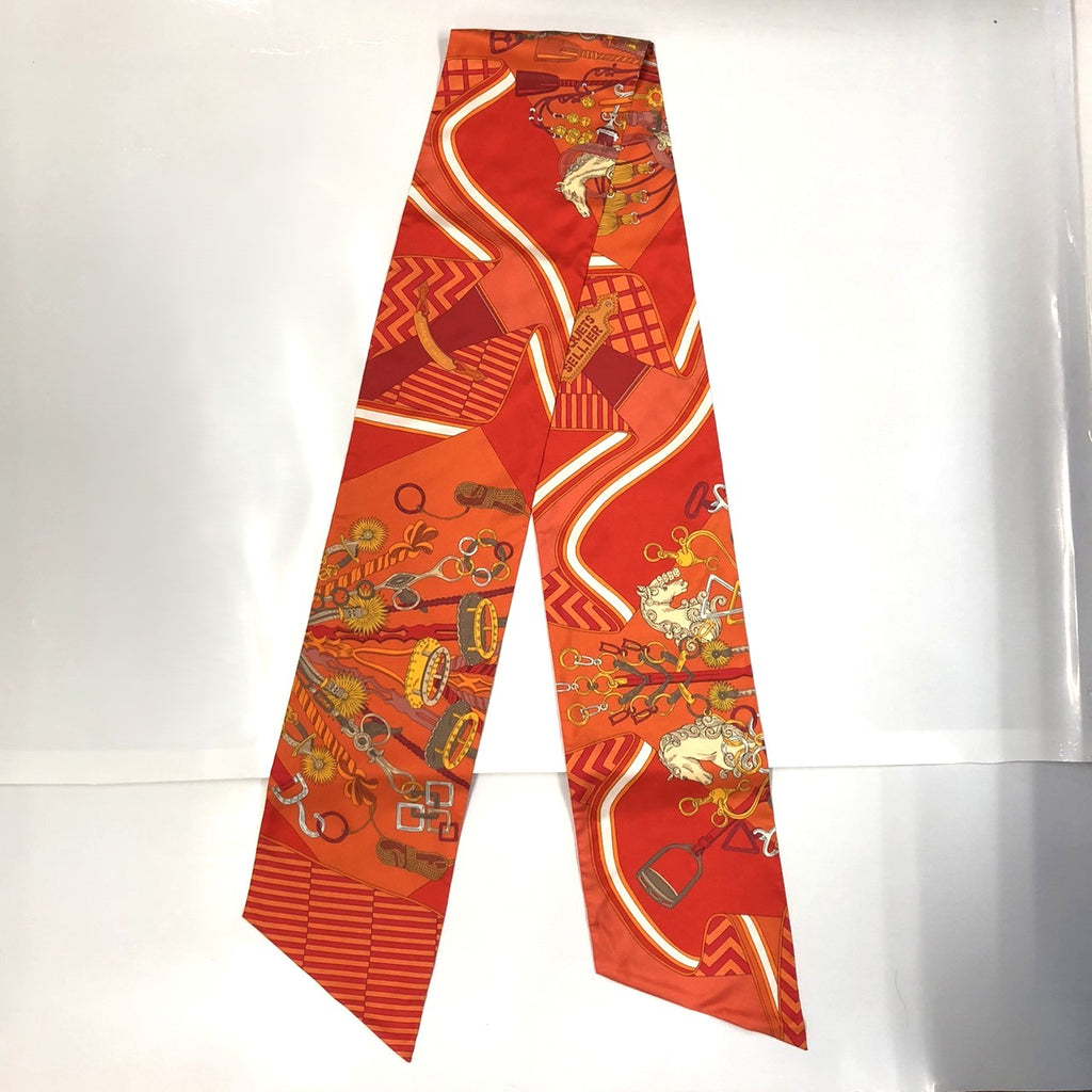 HERMES Hermes scarf maxi twilly BOUQUETS SELLIER (saddlemaker's bouquet) silk orange women's fashion brand USED