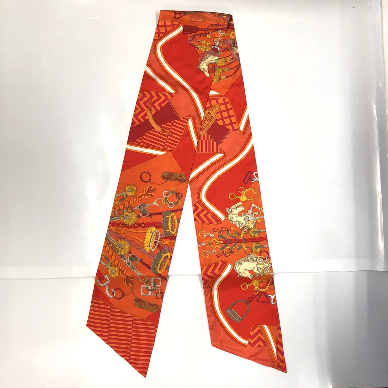 HERMES Hermes scarf maxi twilly BOUQUETS SELLIER (saddlemaker's bouquet) silk orange women's fashion brand USED