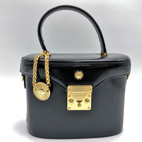 Beautiful VERSACE Vanity Bag, Makeup Case, Cosmetics, Black Leather with Gold Charm, Women's Fashion Accessory
