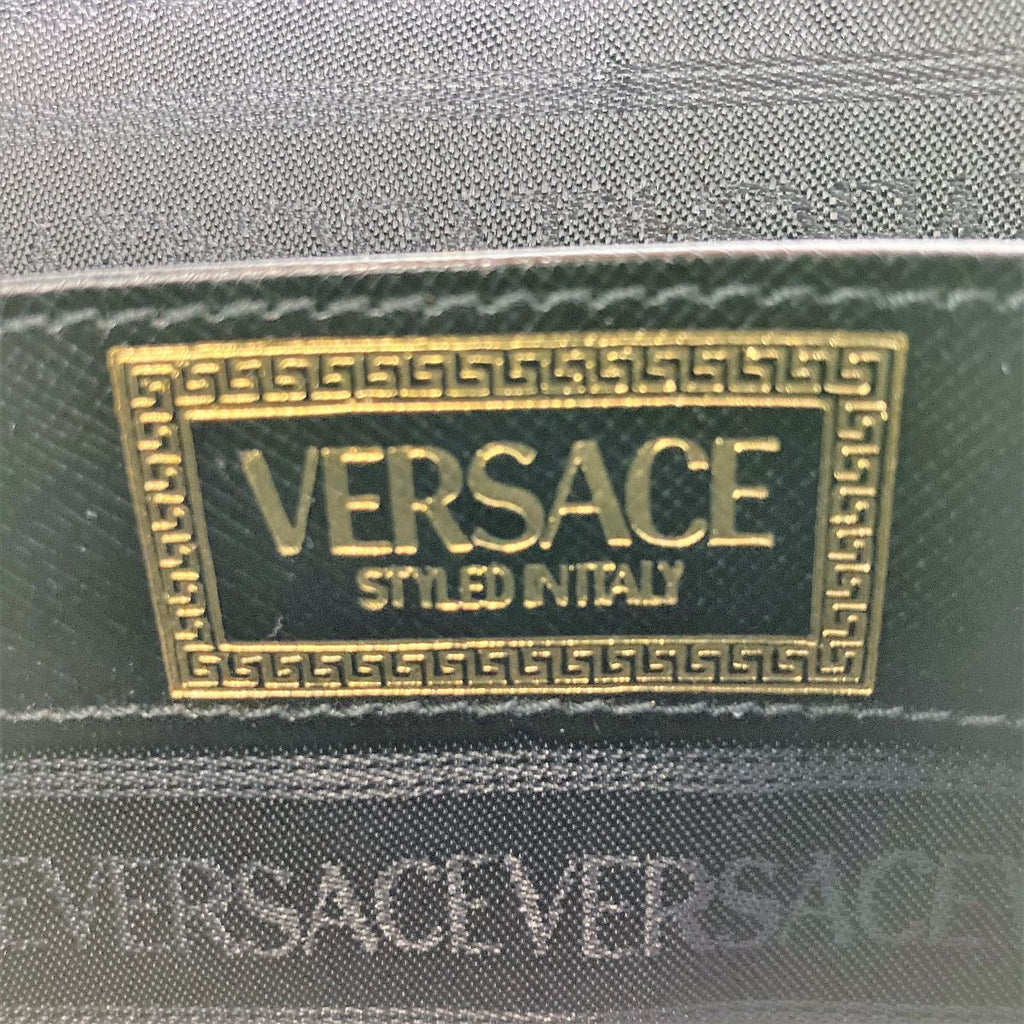 Beautiful VERSACE Vanity Bag, Makeup Case, Cosmetics, Black Leather with Gold Charm, Women's Fashion Accessory