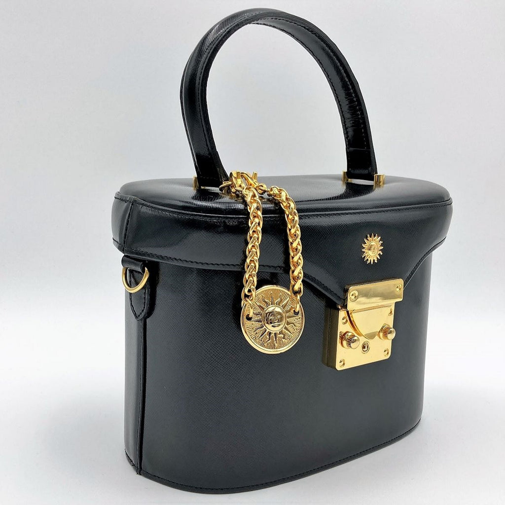 Beautiful VERSACE Vanity Bag, Makeup Case, Cosmetics, Black Leather with Gold Charm, Women's Fashion Accessory