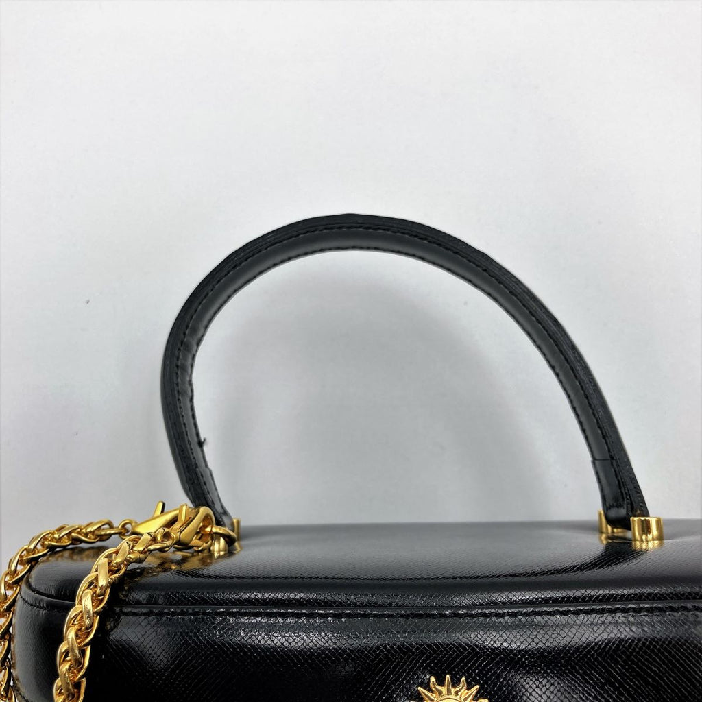 Beautiful VERSACE Vanity Bag, Makeup Case, Cosmetics, Black Leather with Gold Charm, Women's Fashion Accessory