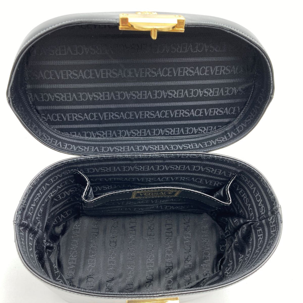 Beautiful VERSACE Vanity Bag, Makeup Case, Cosmetics, Black Leather with Gold Charm, Women's Fashion Accessory