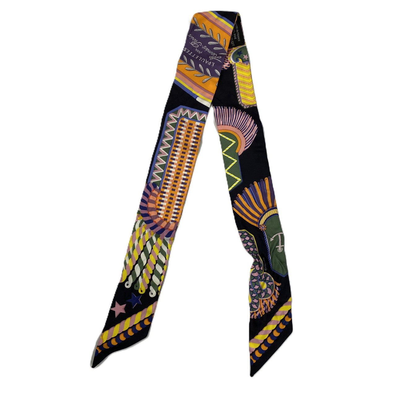 HERMES Twilly Scarf, EPAULETTES de GALA, Silk, Multicolor, Black, Women's, Brand Fashion, USED