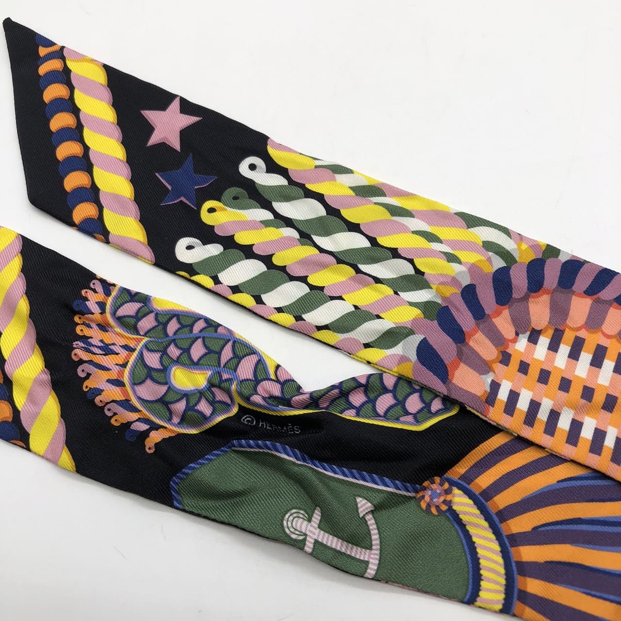 HERMES Twilly Scarf, EPAULETTES de GALA, Silk, Multicolor, Black, Women's, Brand Fashion, USED