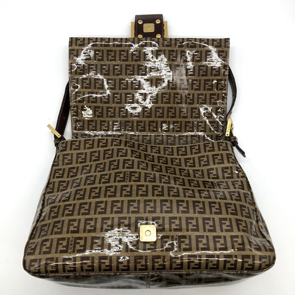 Fendi Mamma Baguette Shoulder Bag in Brown Nylon/Leather with Zucchino Print