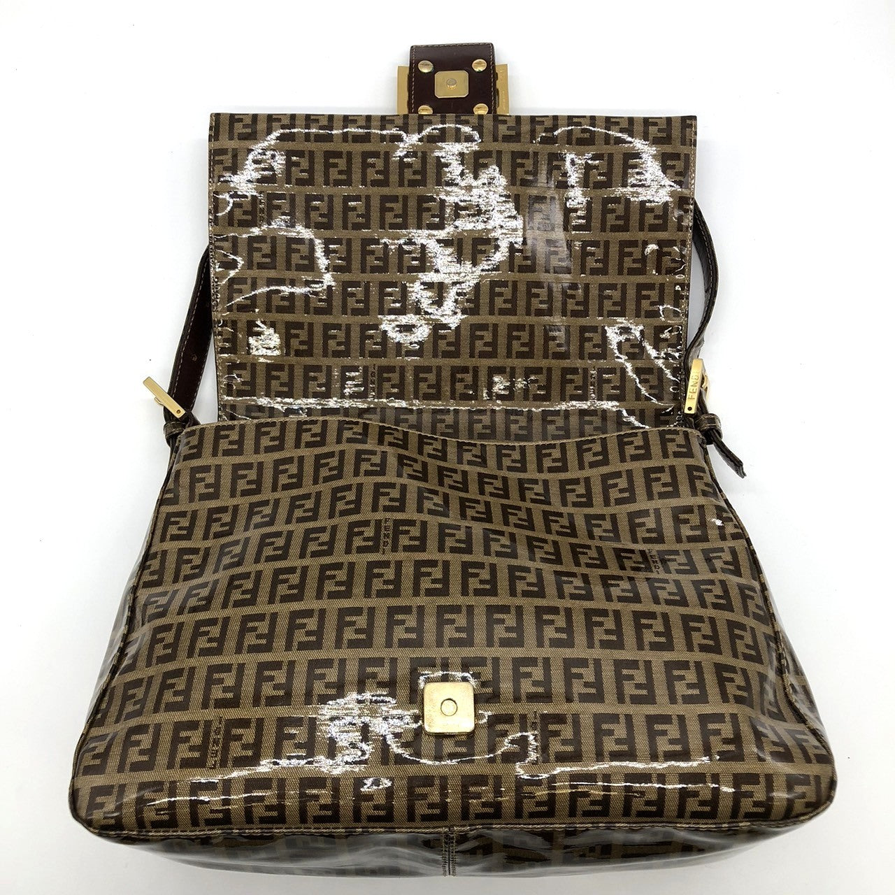 Fendi Mamma Baguette Shoulder Bag in Brown Nylon/Leather with Zucchino Print