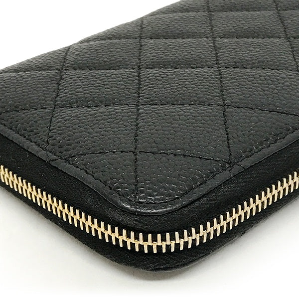 Chanel round zipper long wallet, full zip, Matelasse caviar skin, Coco mark, black leather