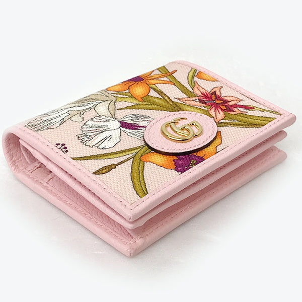 Unused/Boxed Gucci 577347 GG Marmont Flora Bifold Wallet with Coin Purse, Pink Canvas and Leather