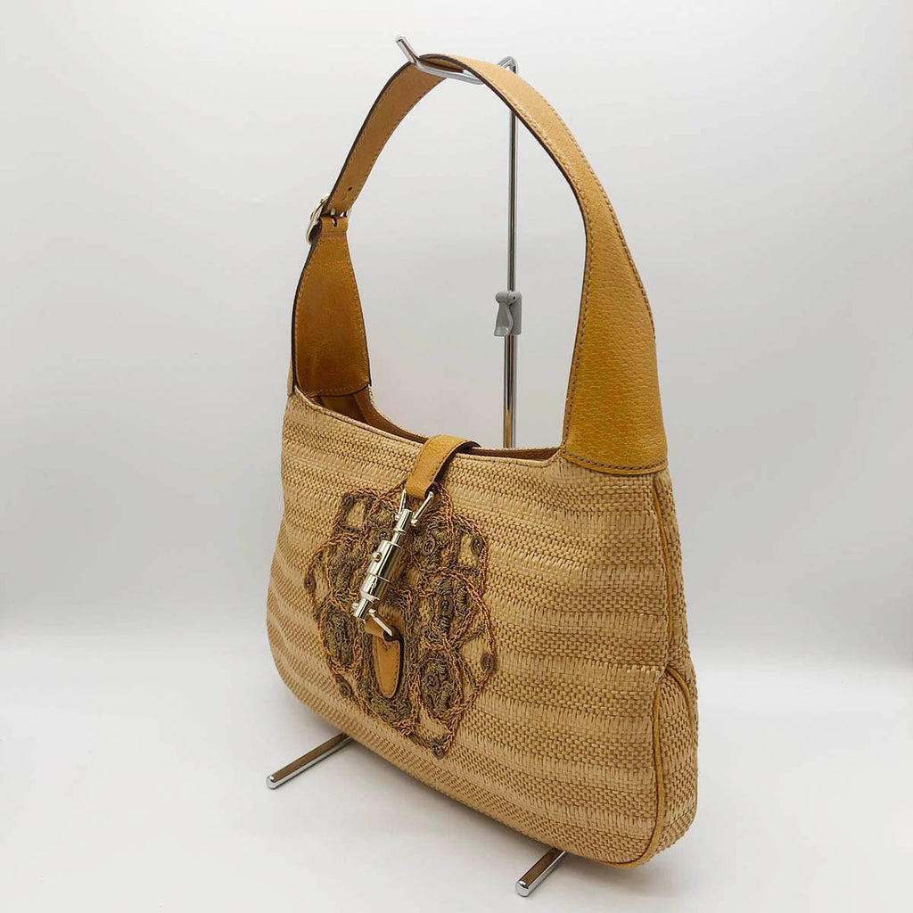 Gucci 140040 New Jackie One-Shoulder Bag, Embroidered Straw Leather, Yellow, Beige, Orange