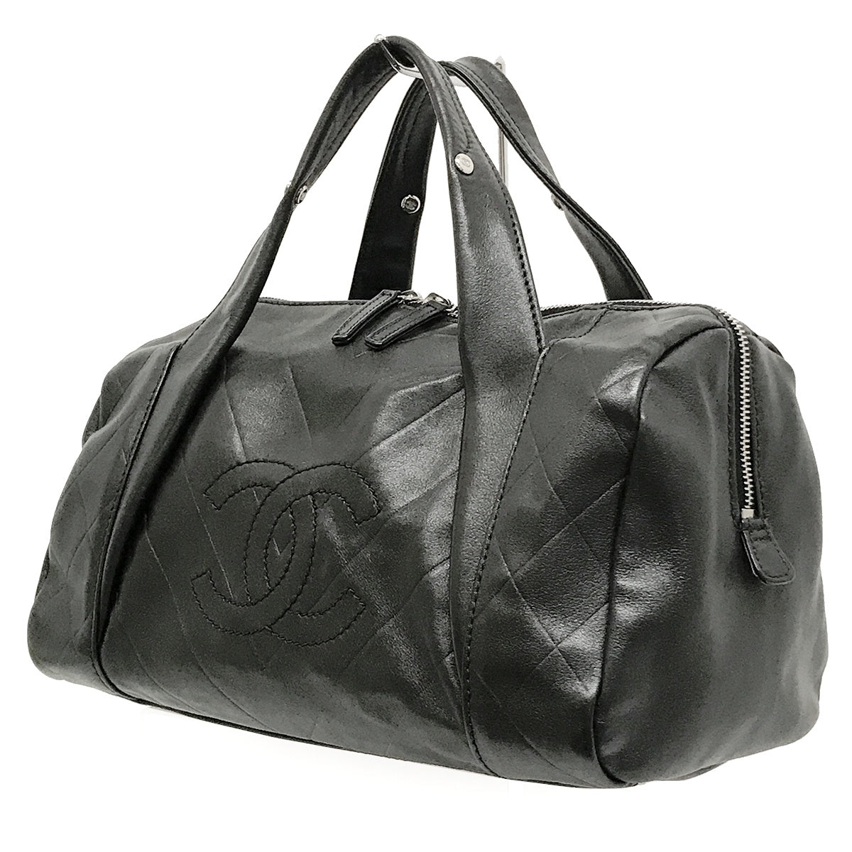 Used Chanel Mini Boston Handbag with Chevron and Coco Mark in Black Leather