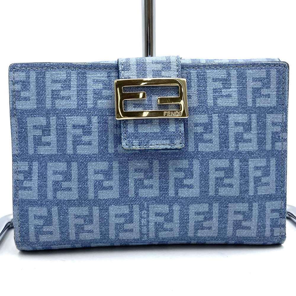 Fendi Zucchino Bifold Compact Wallet in Light Blue with PVC and Silver Hardware, Box Included