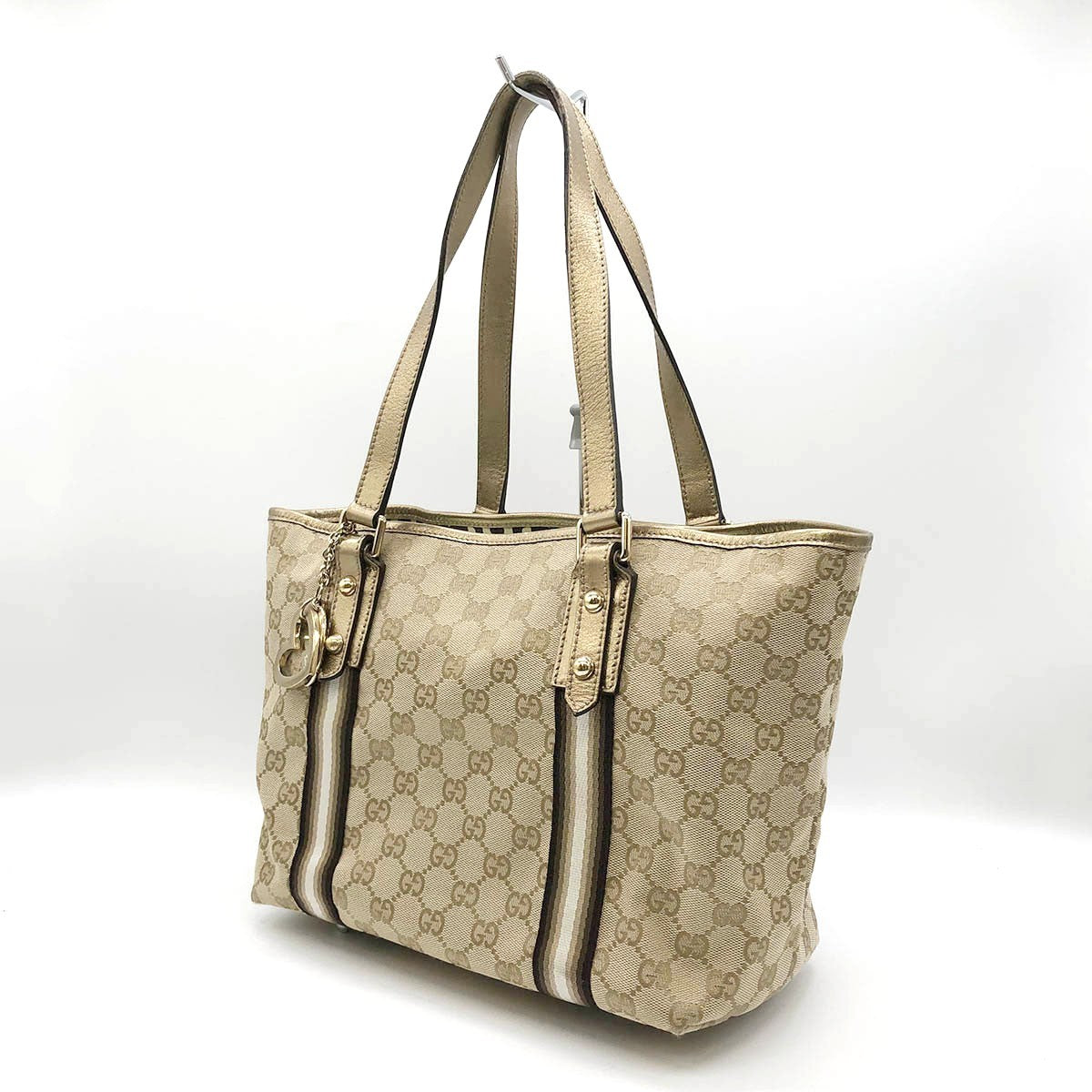 Gucci 137396 Tote Bag in GG Canvas with Heart Charm, Brown and Gold
