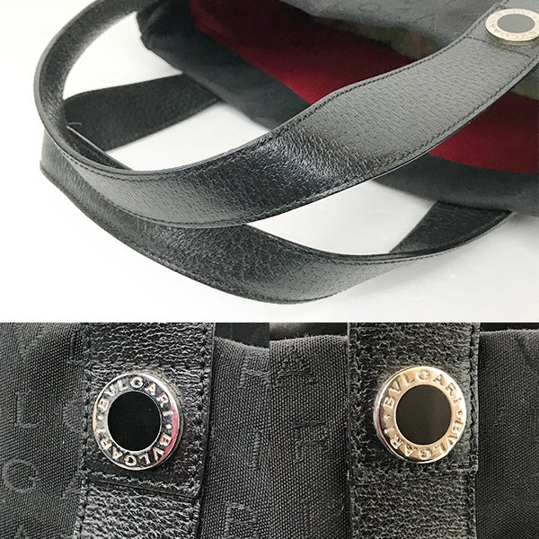 Bvlgari bag handbag tote bag black canvas and leather with pouch and logo