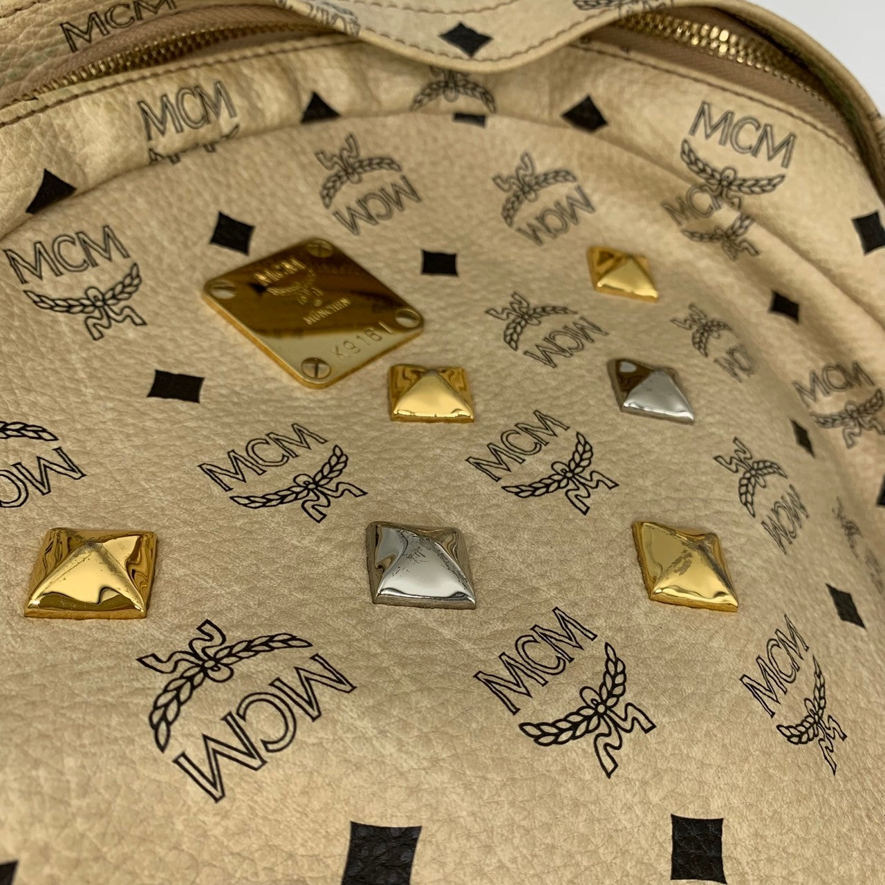 MCM Backpack/Daypack Bag in Visetos Studded Leather Beige for Women, Perfect for School