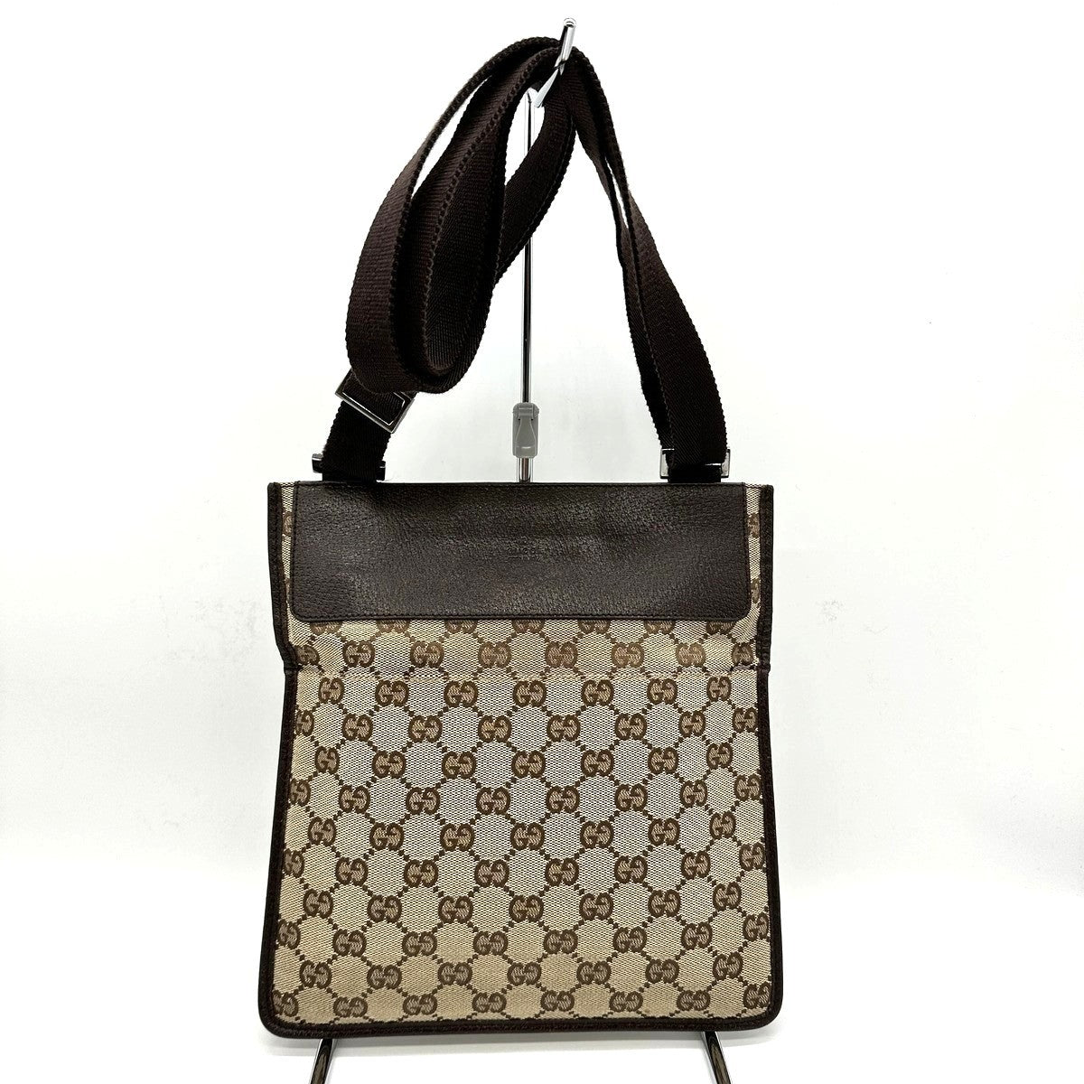 Gucci 27639 GG Line Crossbody Shoulder Bag, Canvas and Leather, Brown, Slim