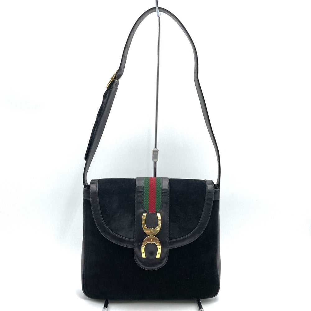 Vintage Gucci Horseshoe Shoulder Bag in Black Suede/Leather. High-End Brand.