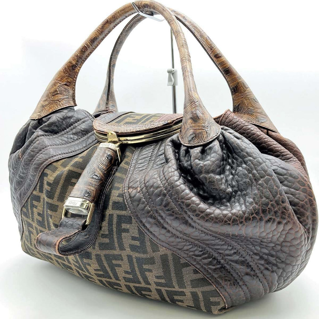 Fendi 8BR511 Spy Bag Handbag in Vintage Zucca Canvas and Leather, Brown