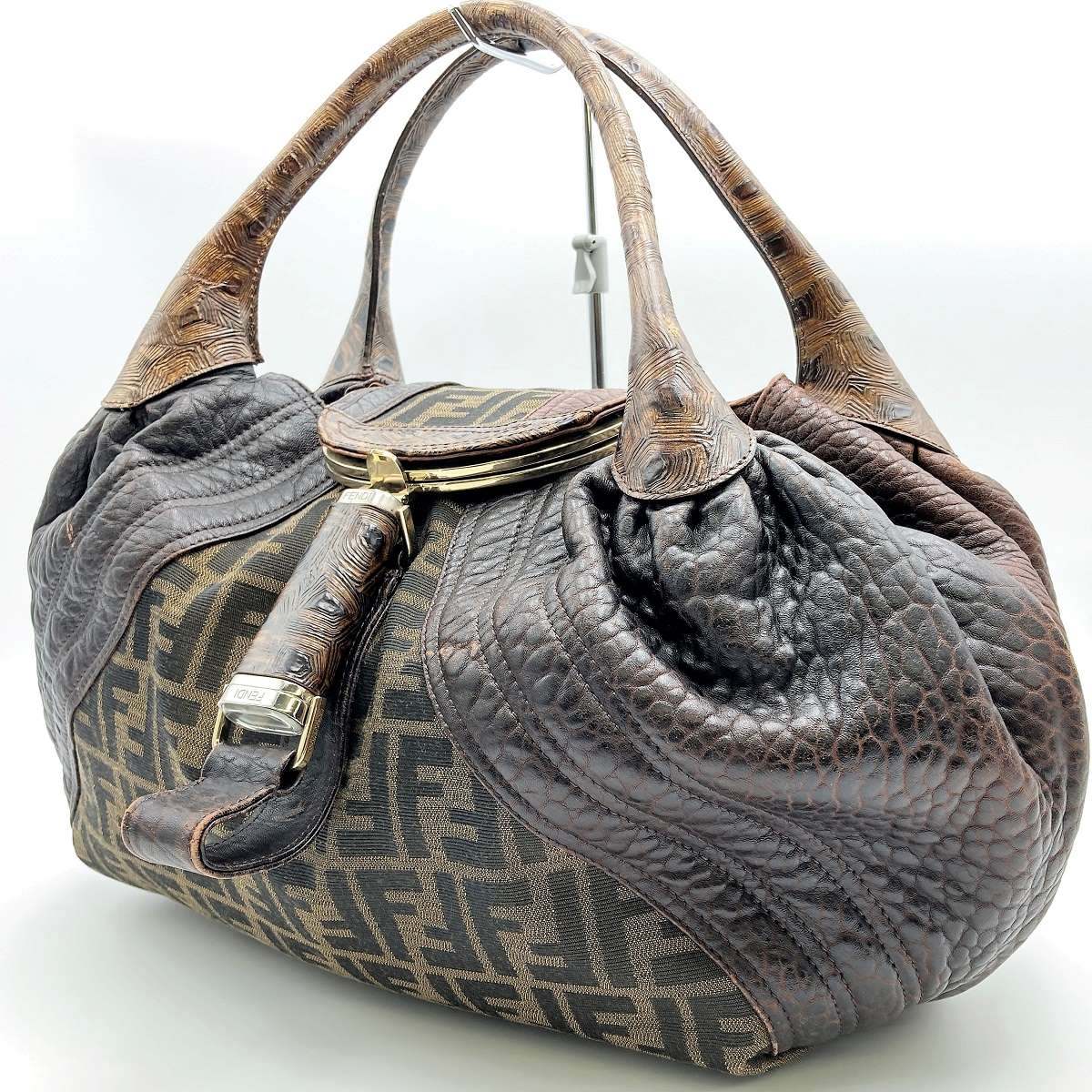 Fendi 8BR511 Spy Bag Handbag in Vintage Zucca Canvas and Leather, Brown