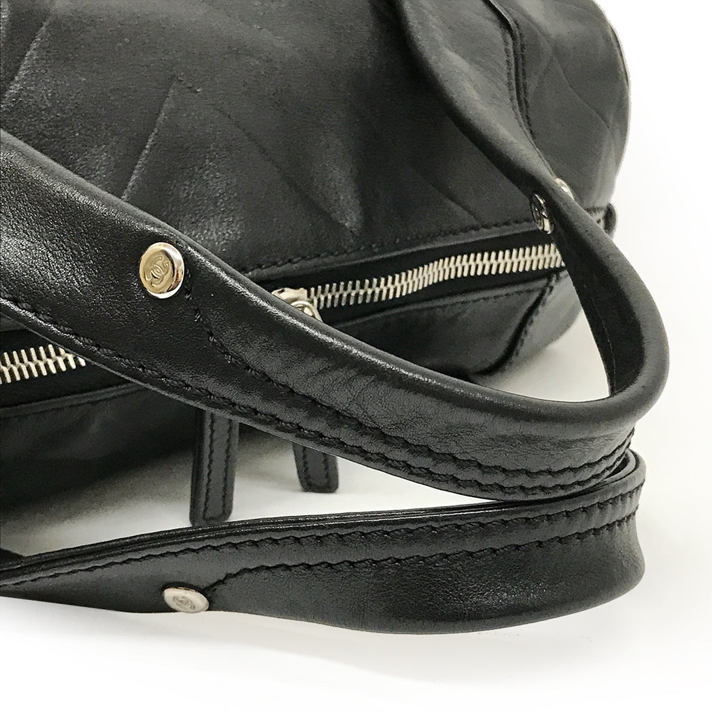 Used Chanel Mini Boston Handbag with Chevron and Coco Mark in Black Leather