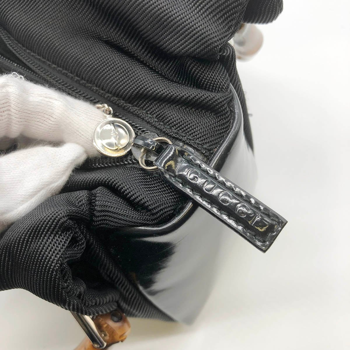 Gucci 0001014 Handbag Bamboo Old Gucci Nylon Leather Black
