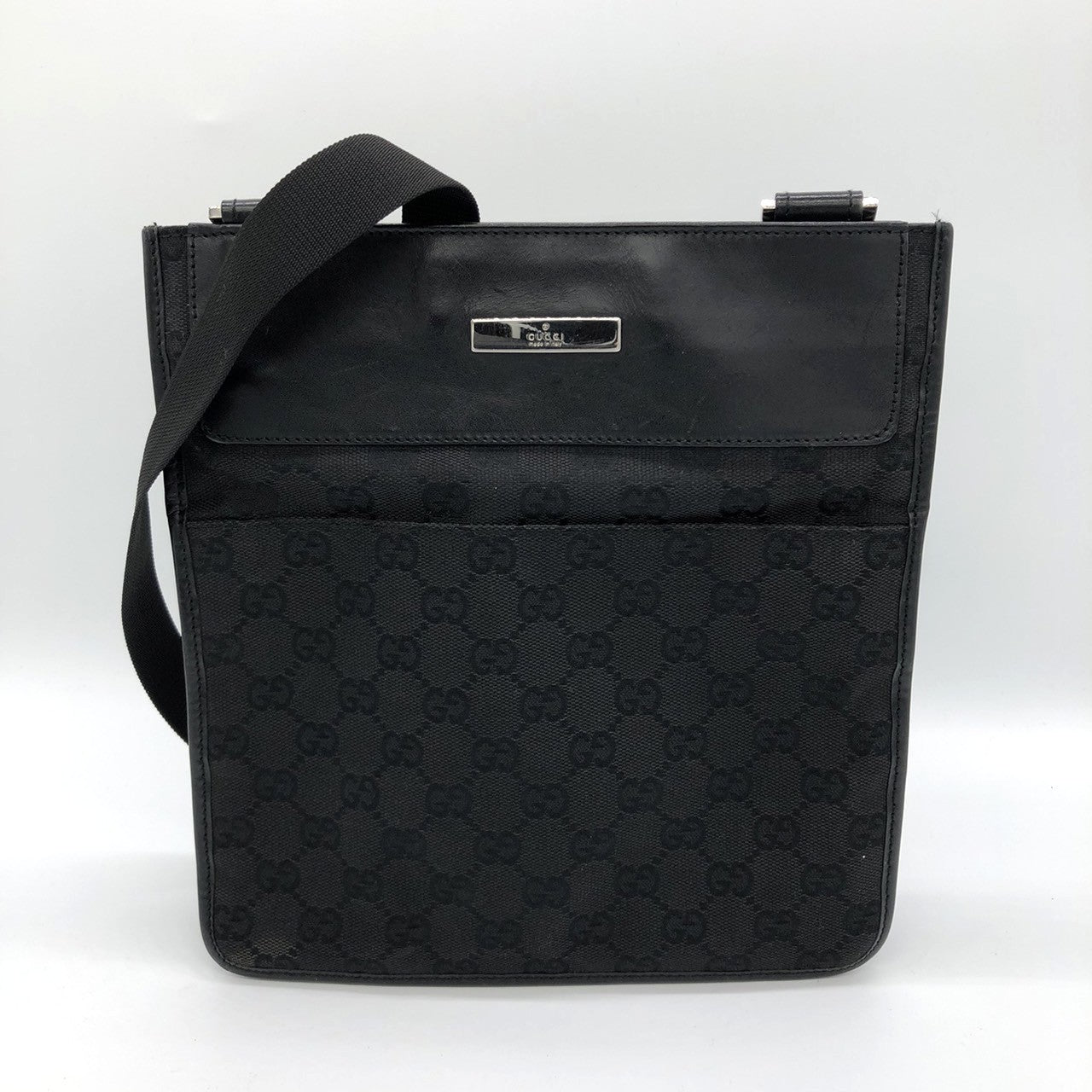 Gucci 27639 Slim Shoulder Bag, Crossbody, Black GG Canvas/Leather