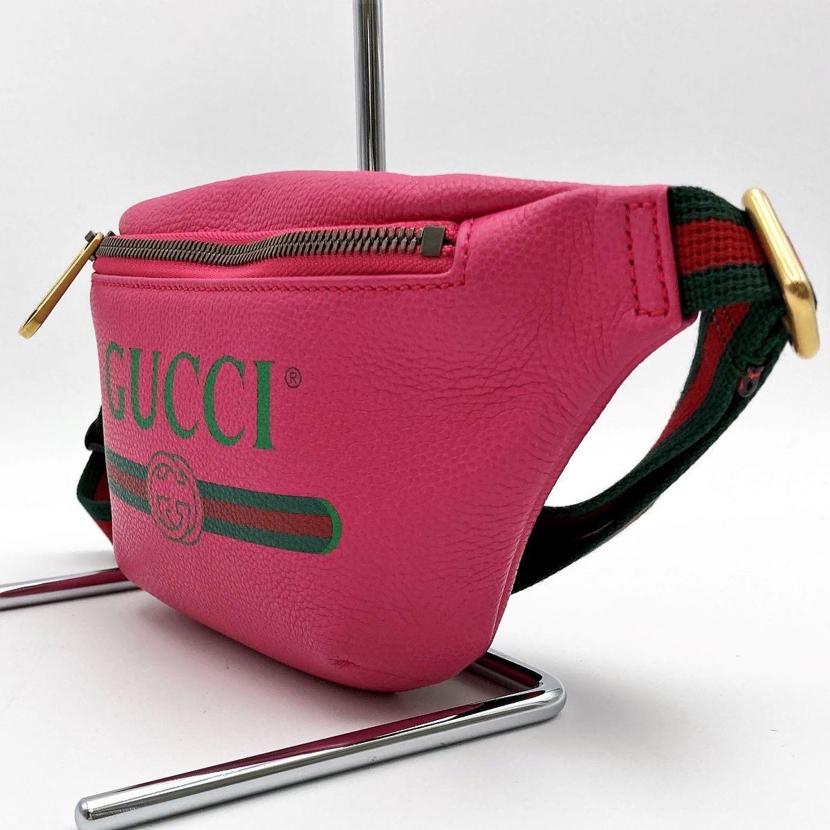 Gucci 527792 Waist Bag, Small Waist Pouch, Logo Print Leather, Pink and Green