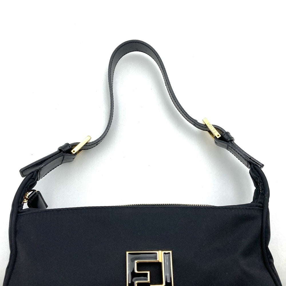 Fendi 06 11 15328 982 Shoulder Bag with FF Logo, Nylon/Leather, Black