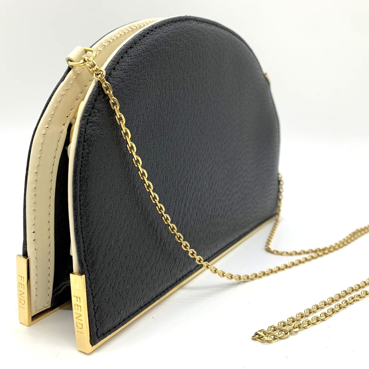 Fendi 2321 26814 Crossbody/Shoulder Chain Bag, Thin Mini Bag, Half Moon, Black/White, Black/Leather