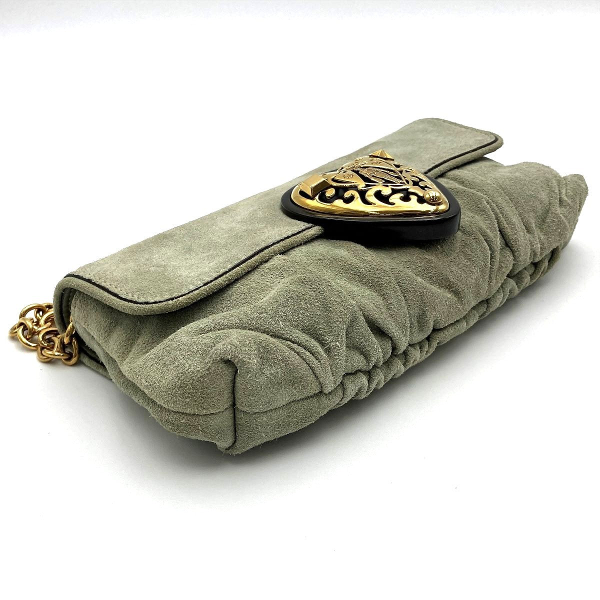 Gucci 208710 Hysteria Handbag in Gold Chain and Green Suede