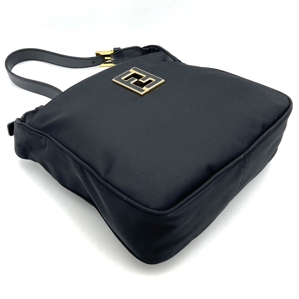 Fendi 06 11 15328 982 Shoulder Bag with FF Logo, Nylon/Leather, Black