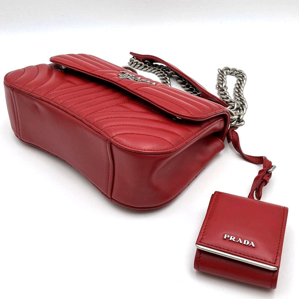 Prada Diagram Chain Shoulder Bag in Red Leather with Mini Pouch (Mirror)
