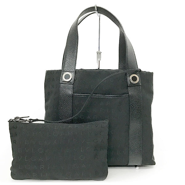 Bvlgari bag handbag tote bag black canvas and leather with pouch and logo