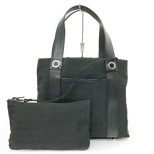Bvlgari bag handbag tote bag black canvas and leather with pouch and logo
