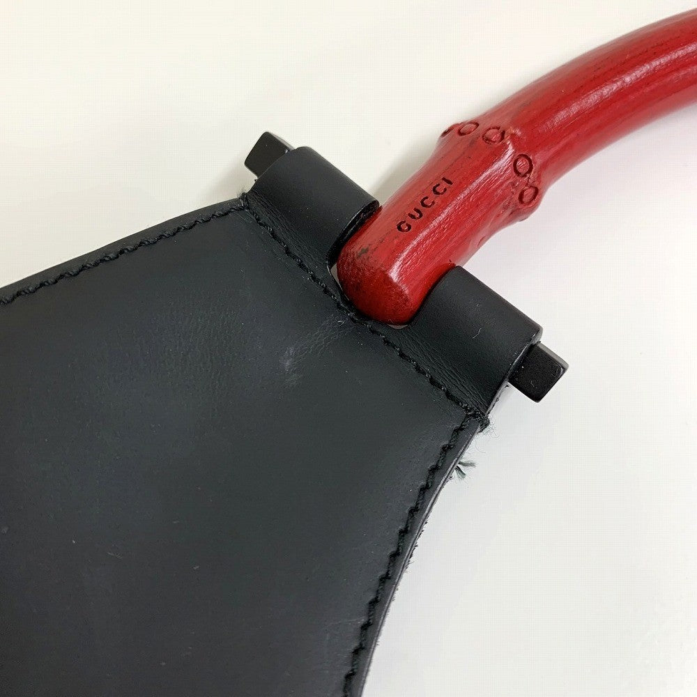 Gucci 001 3739 One-Shoulder Leather/Bamboo Shoulder Bag in Black/Red
