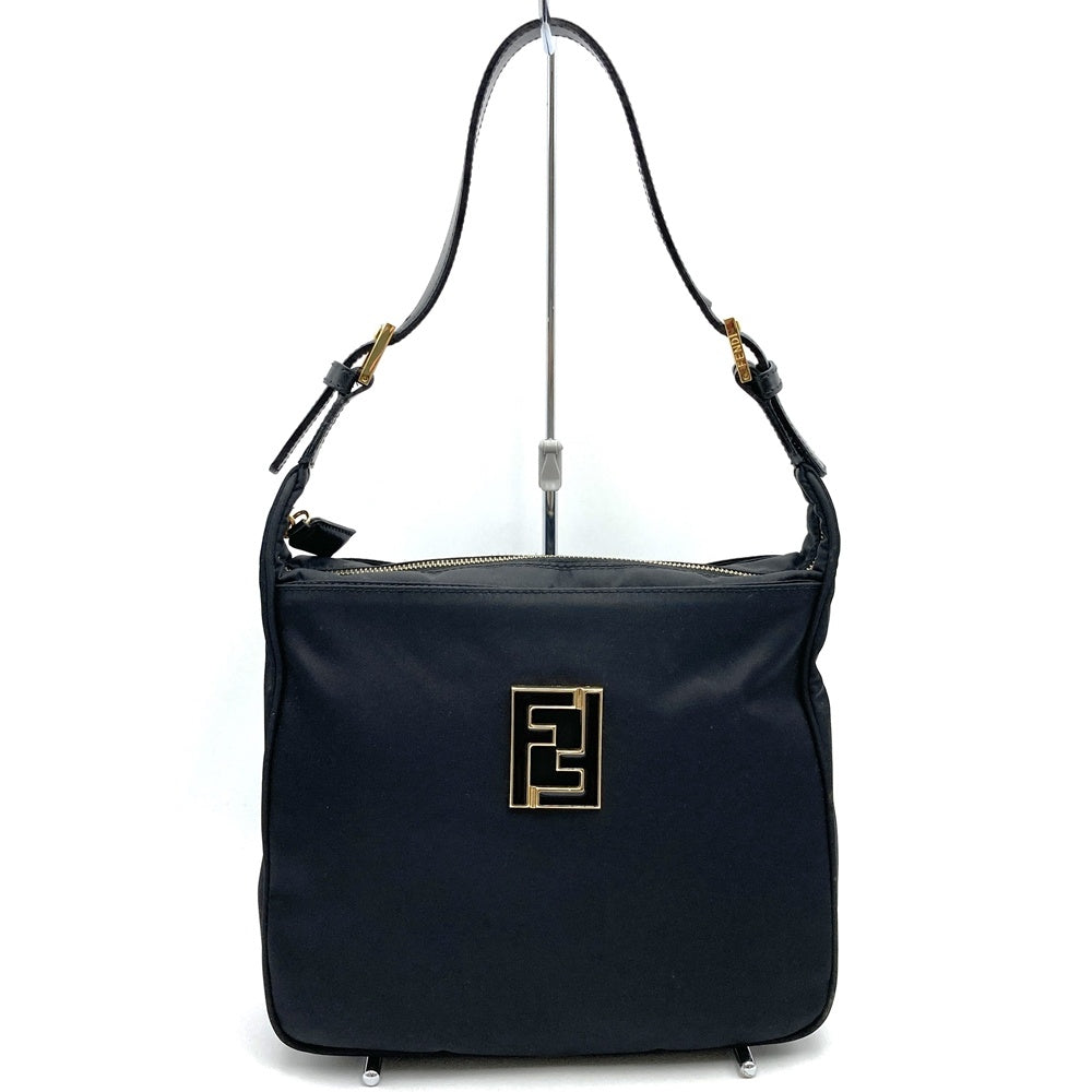 Fendi 06 11 15328 982 Shoulder Bag with FF Logo, Nylon/Leather, Black