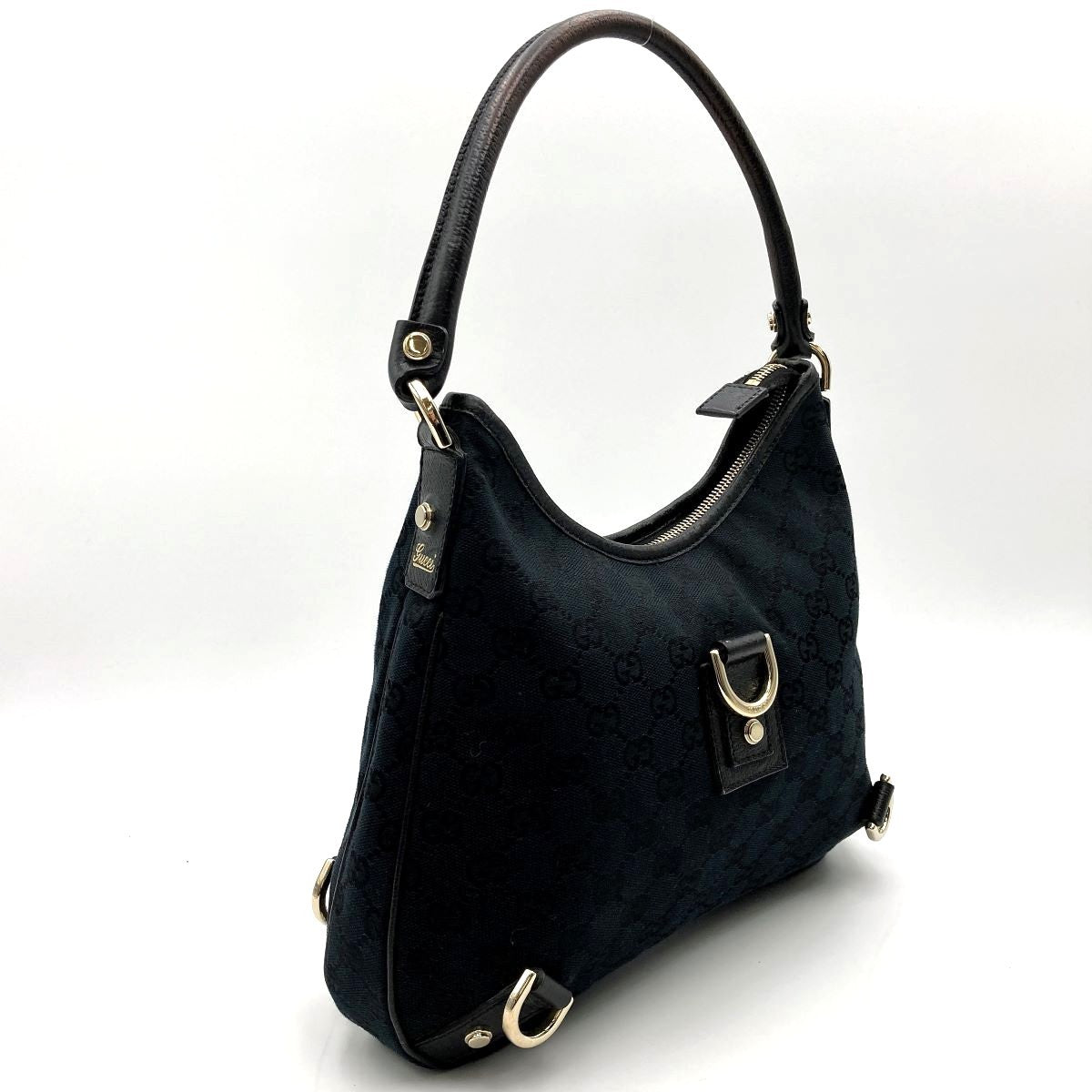 Gucci 130733 Abbey Line GG Canvas Shoulder Bag in Black Canvas and Leather