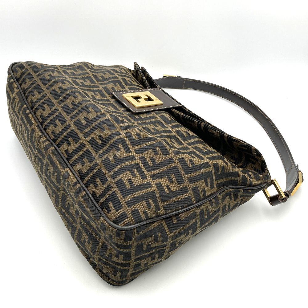 Fendi Zucca A4-sized shoulder bag with FF logo, one-shoulder style, nylon canvas, brown