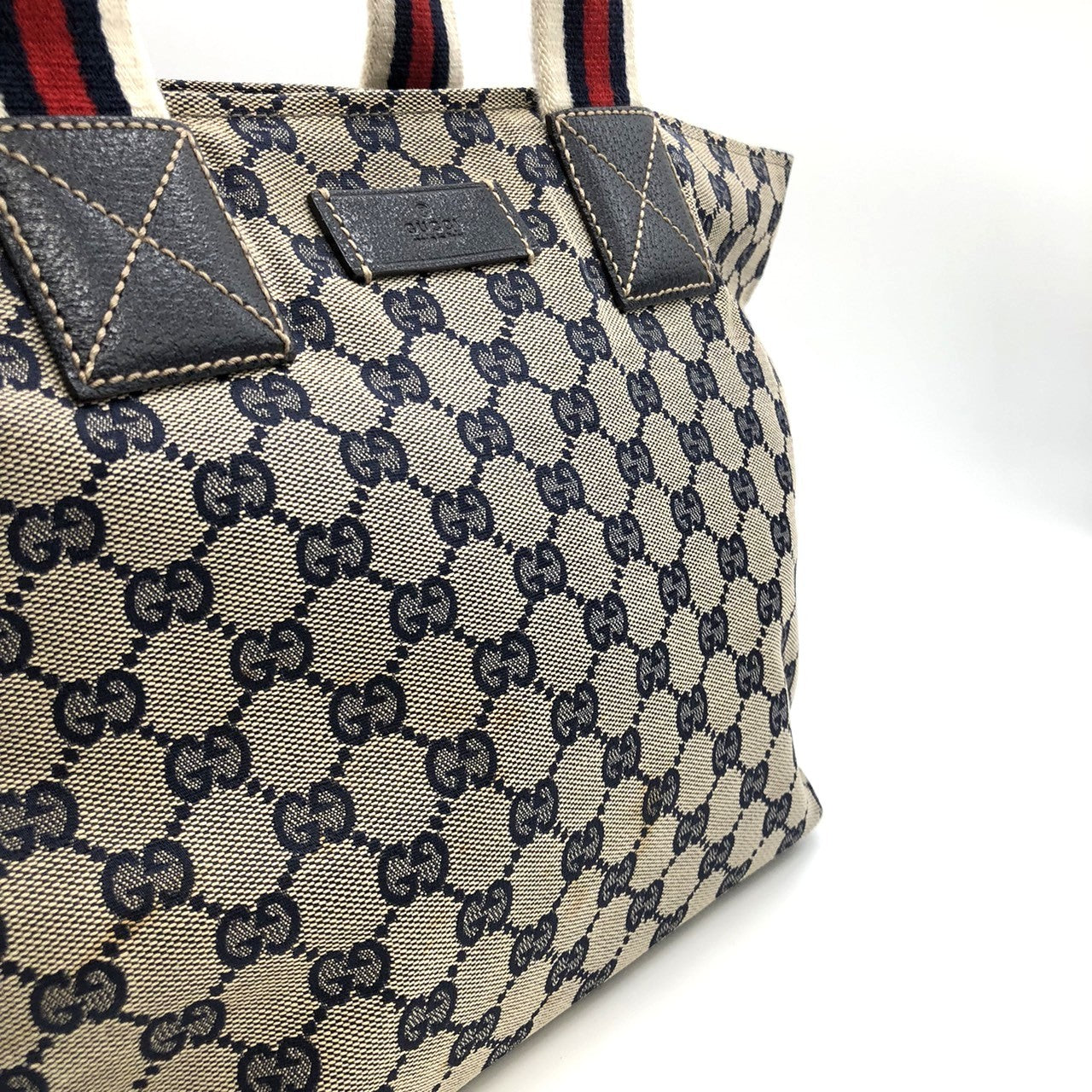 Gucci 131230 Tote Bag Navy Blue GG Canvas/Leather Sherry Line