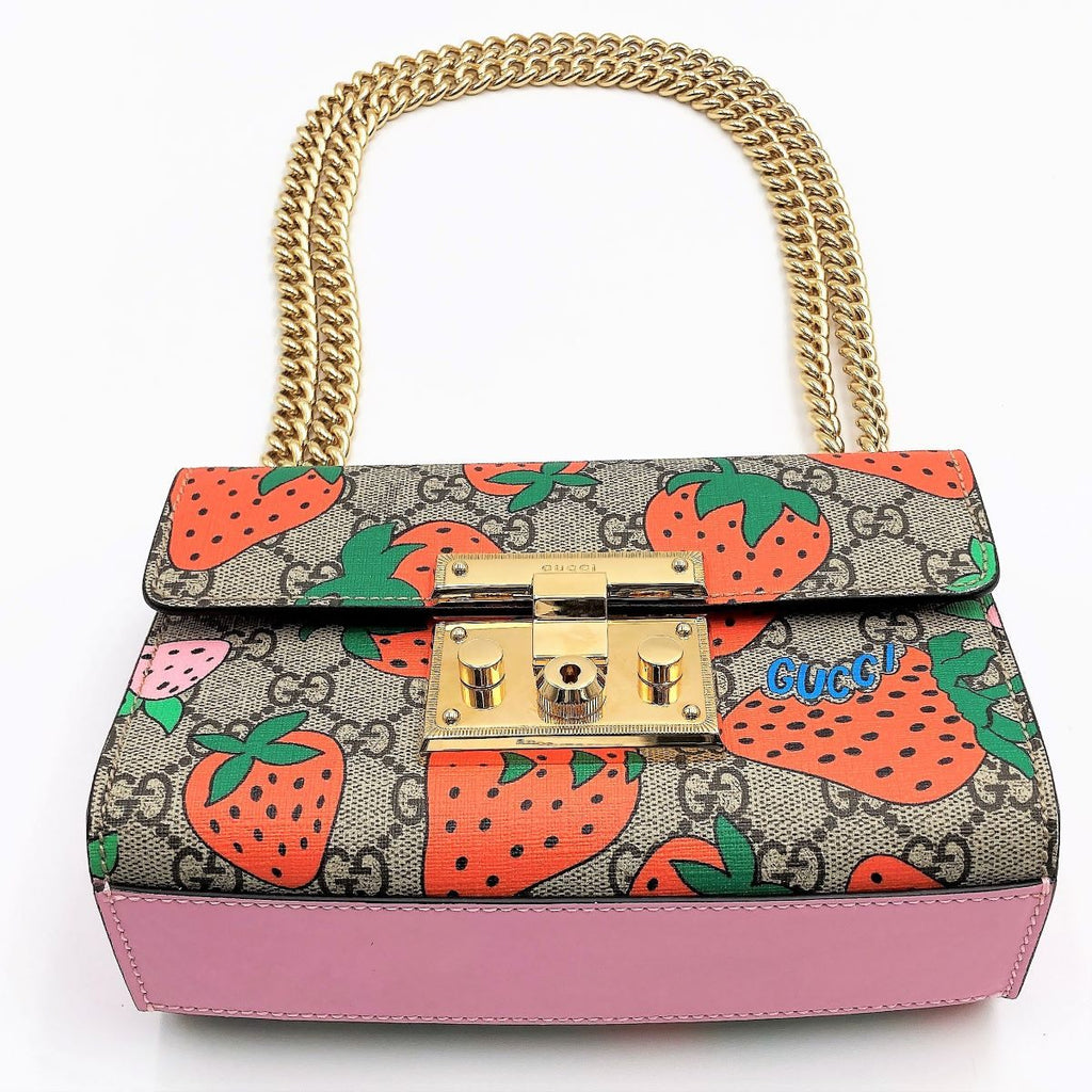 Gucci 409487 Shoulder Bag GG Supreme Strawberry Pattern Strawberry Red Pink Gold