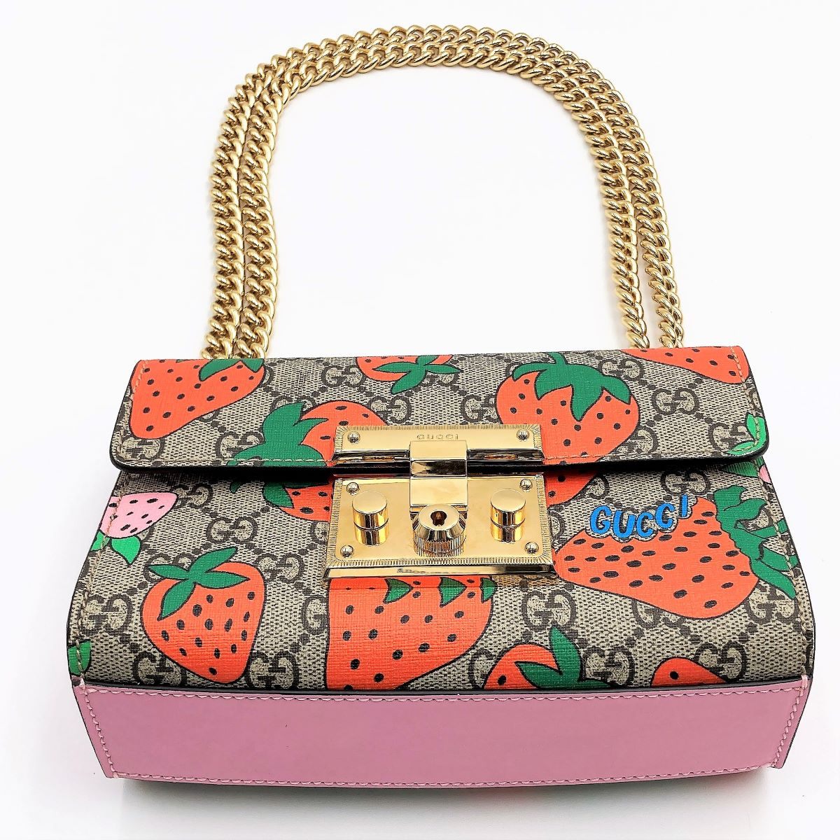 Gucci 409487 Shoulder Bag GG Supreme Strawberry Pattern Strawberry Red Pink Gold