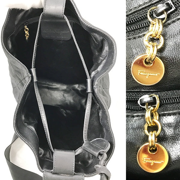 Salvatore Ferragamo Vara Shoulder Bag, One-Shoulder Backpack, Black Canvas and Leather