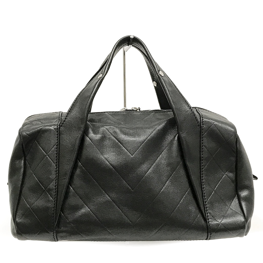 Used Chanel Mini Boston Handbag with Chevron and Coco Mark in Black Leather