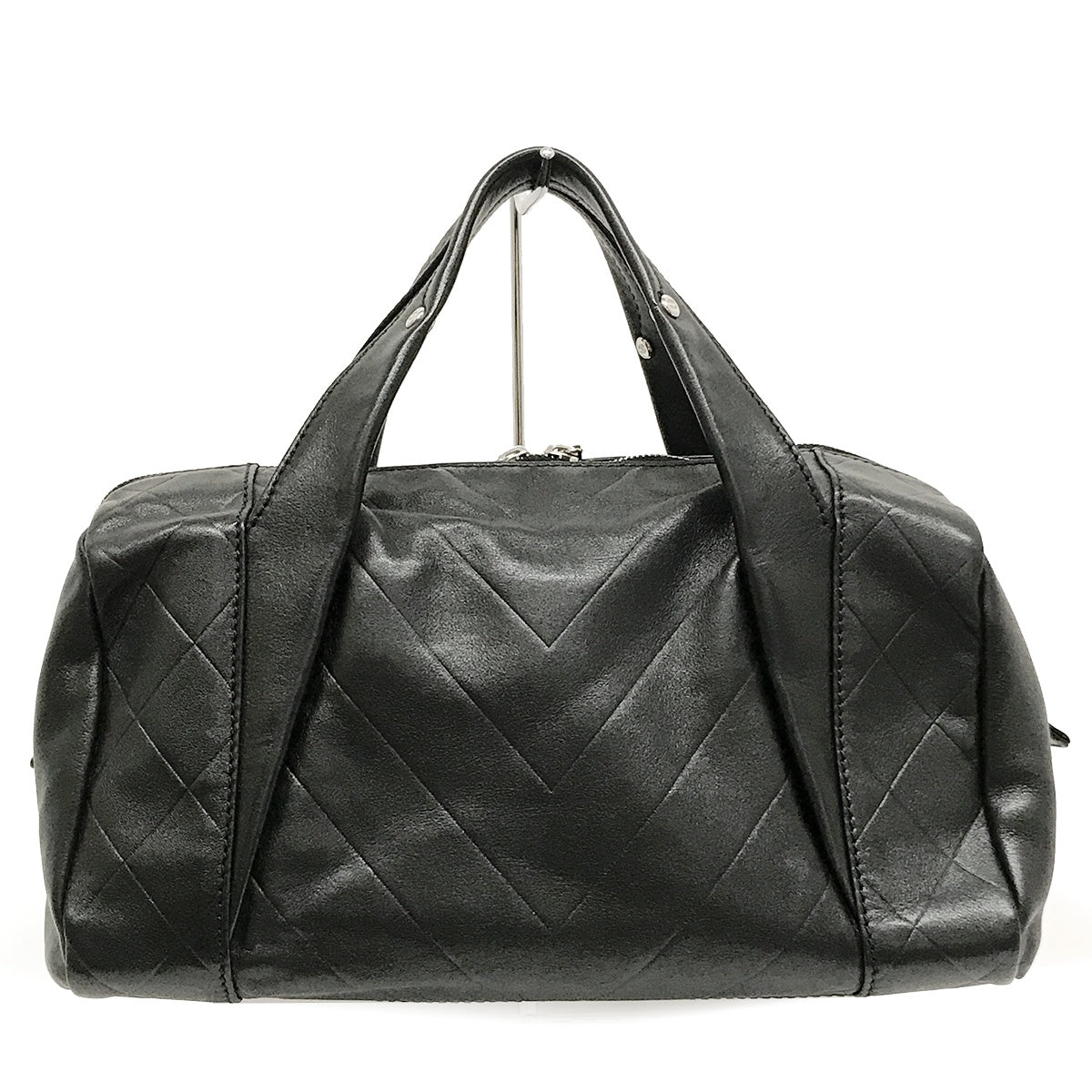 Used Chanel Mini Boston Handbag with Chevron and Coco Mark in Black Leather